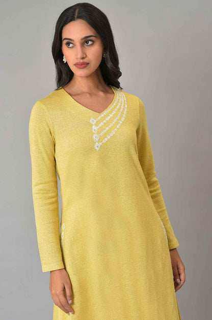 Lemon Yellow Embroidered A-Line Winter kurta - wforwoman
