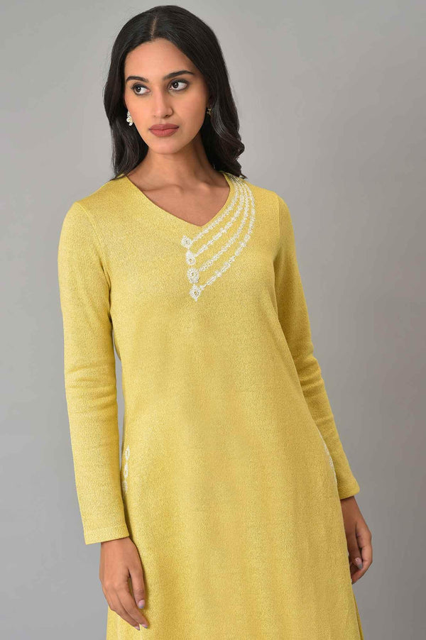 Lemon Yellow Embroidered A-Line Winter kurta