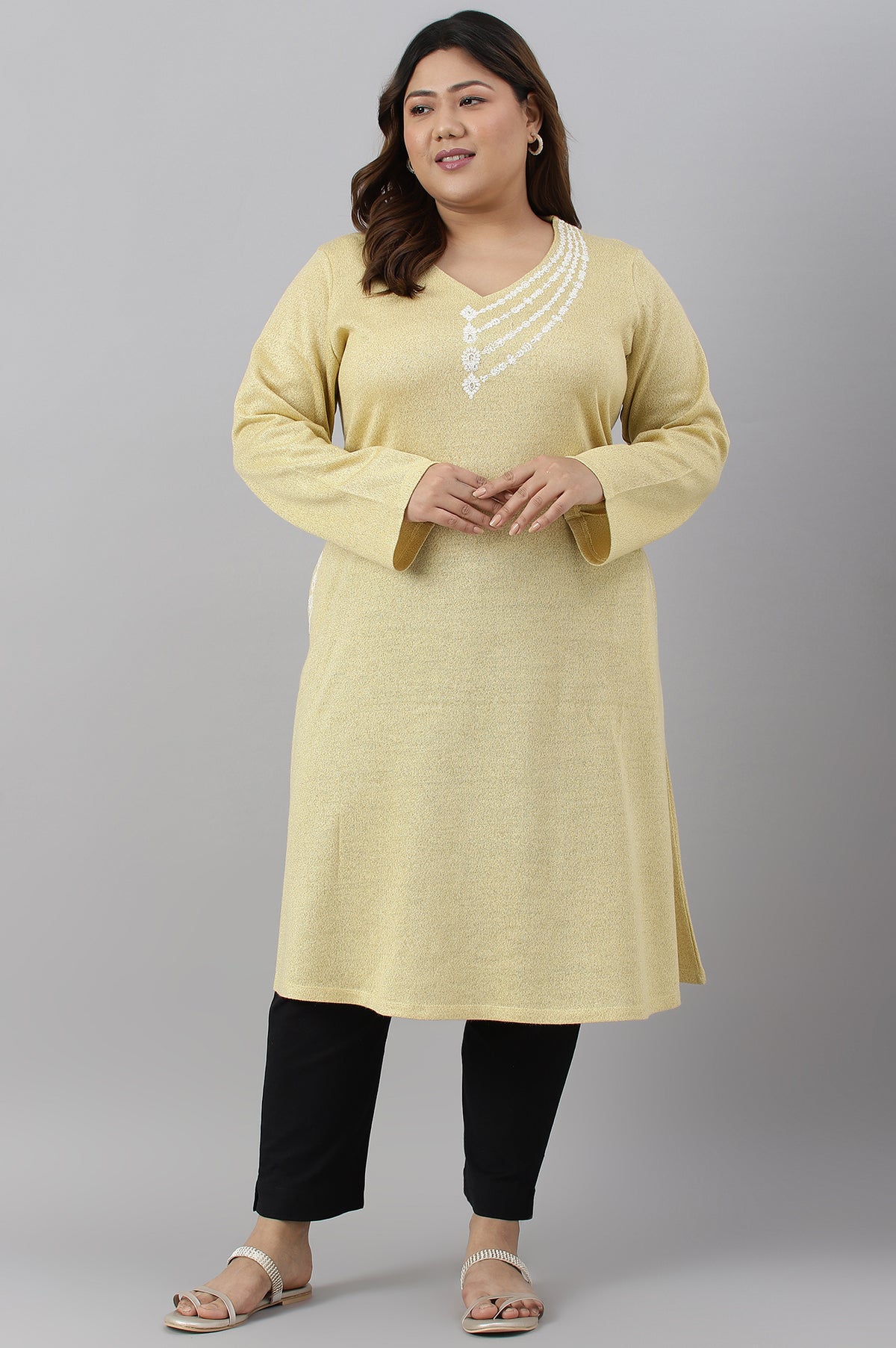 Lemon Yellow Embroidered A-Line Plus Size Winter kurta - 4XL
