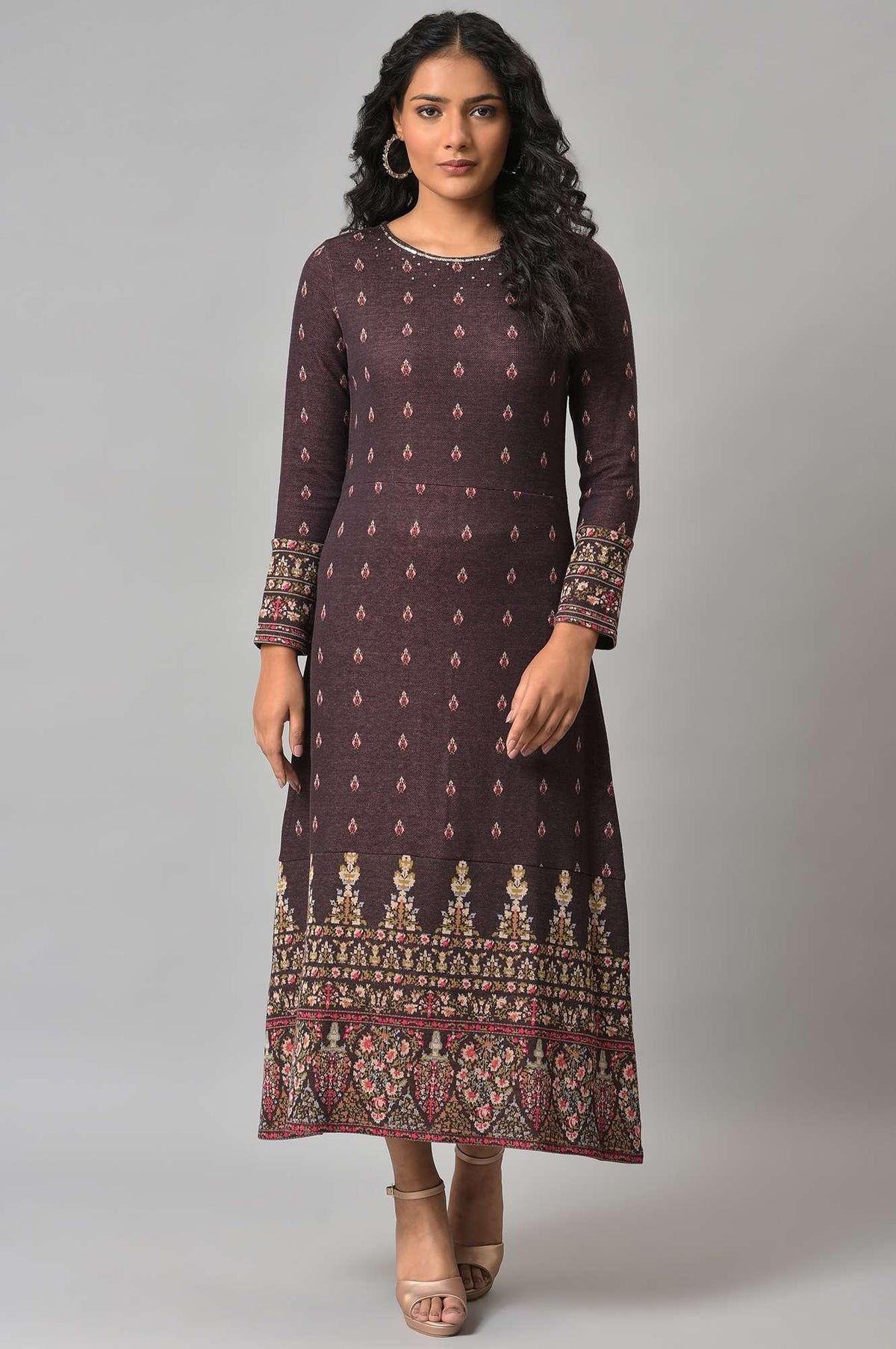 Plus Size Purple Jacquard Sequin Winter Dress - XS