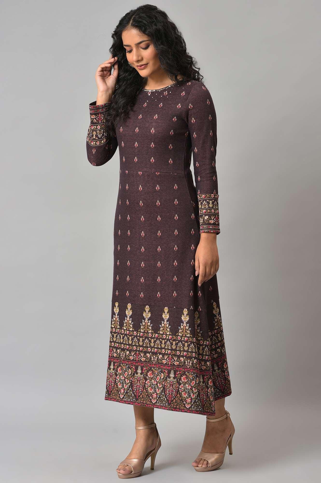 Buy Purple Jacquard Sequin Winter Dress Online for Woman | WforWoman Buy Purple Jacquard Sequin Winter Dress Online for Woman | WforWoman
