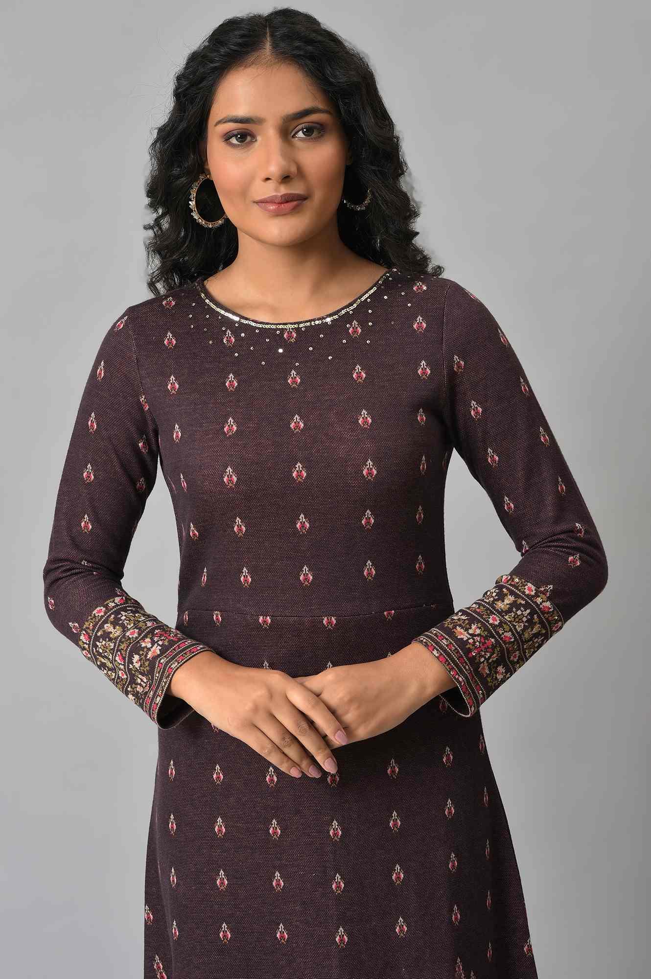Purple Jacquard Sequin Winter Dress - wforwoman