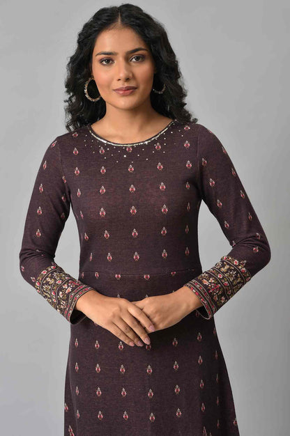Purple Jacquard Sequin Winter Dress - wforwoman