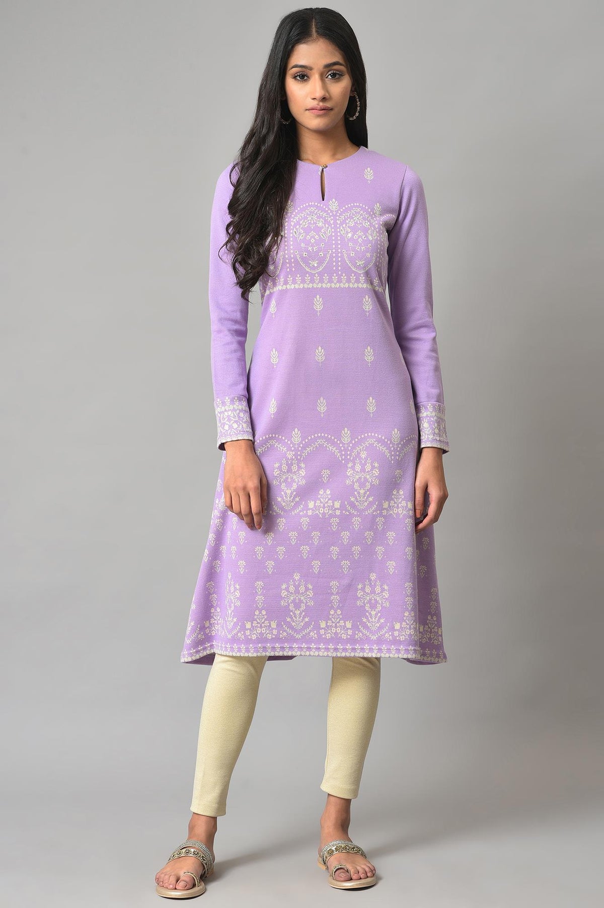 Light Purple Jacquard A-Line Winter kurta - XS