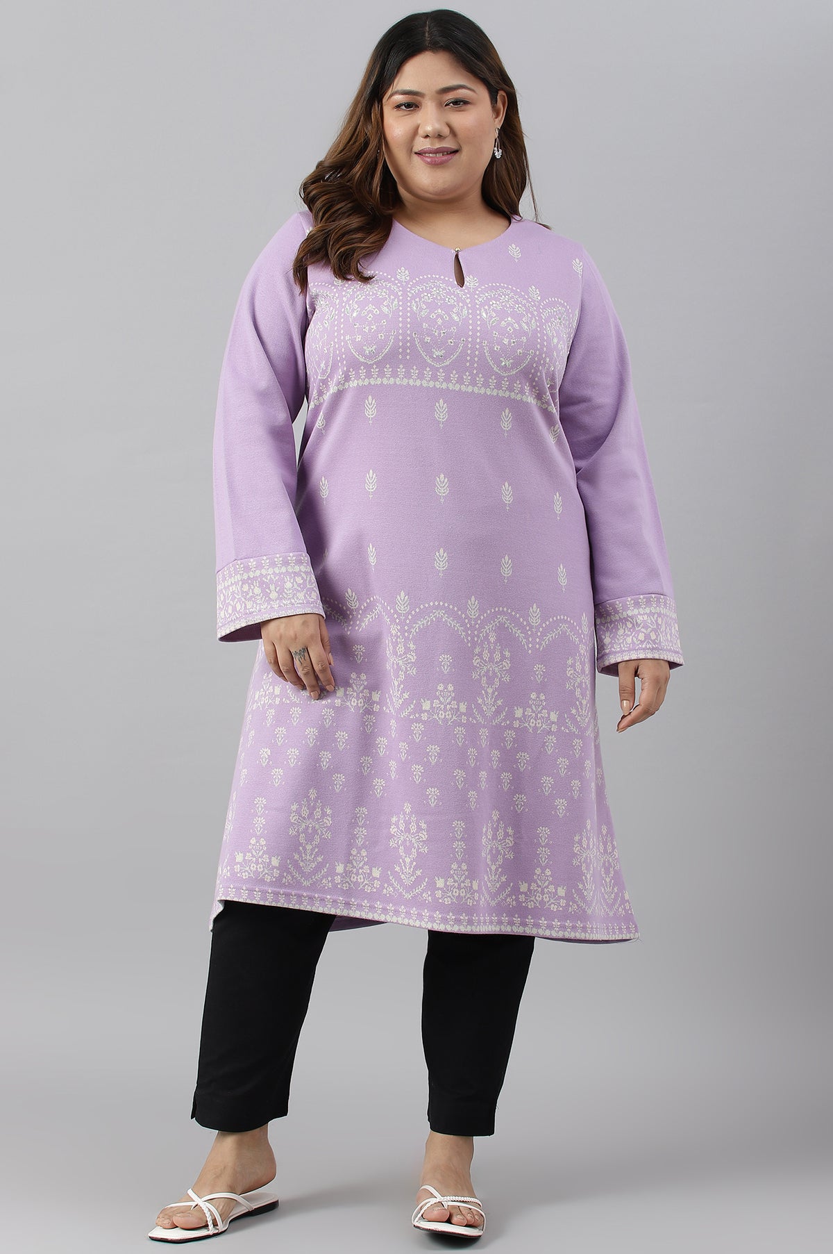 Light Purple Jacquard A-Line Plus Size Winter kurta - XS