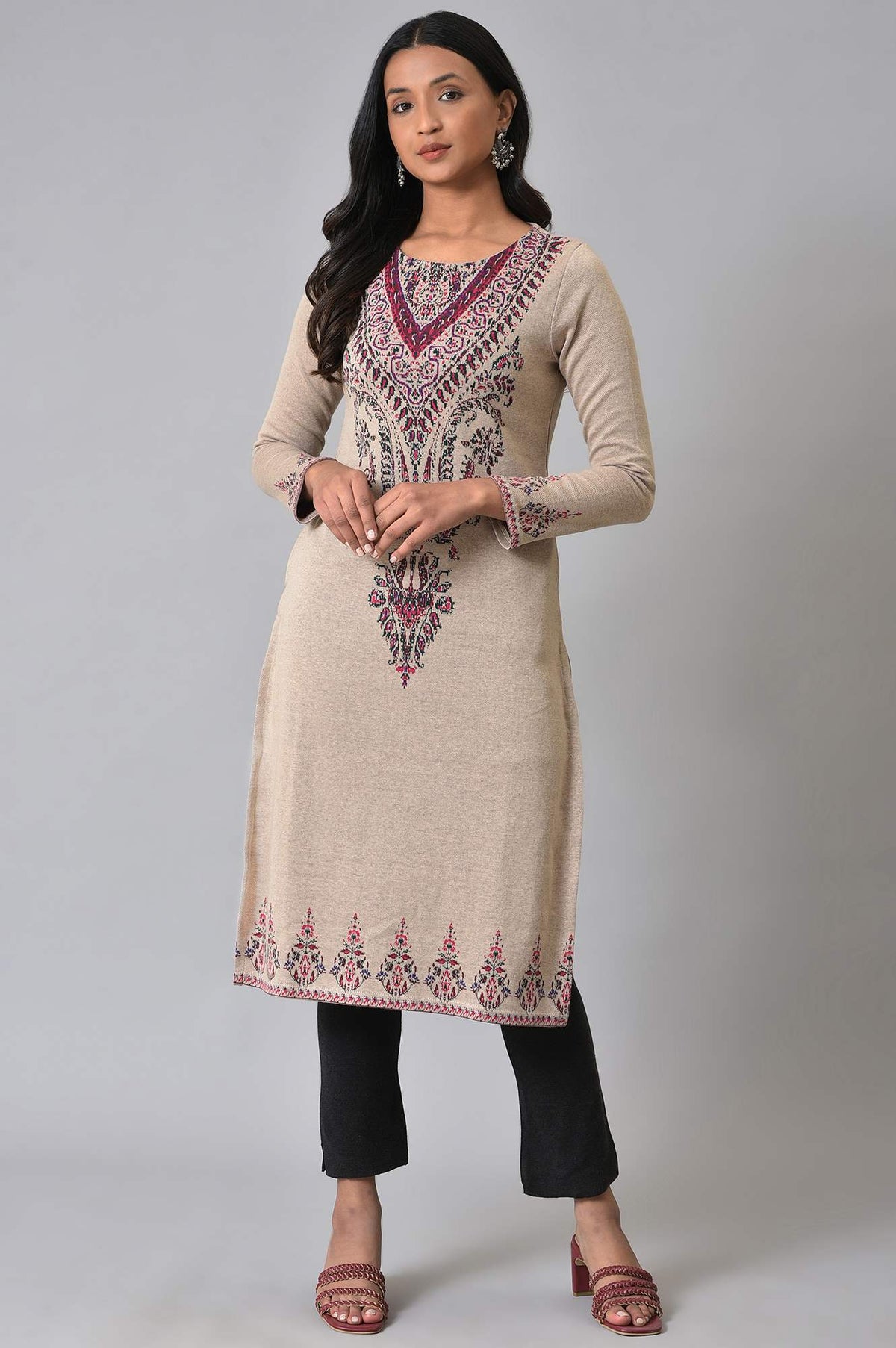 Plus Size Ecru Placement Printed Jacquard Winter kurta - XS