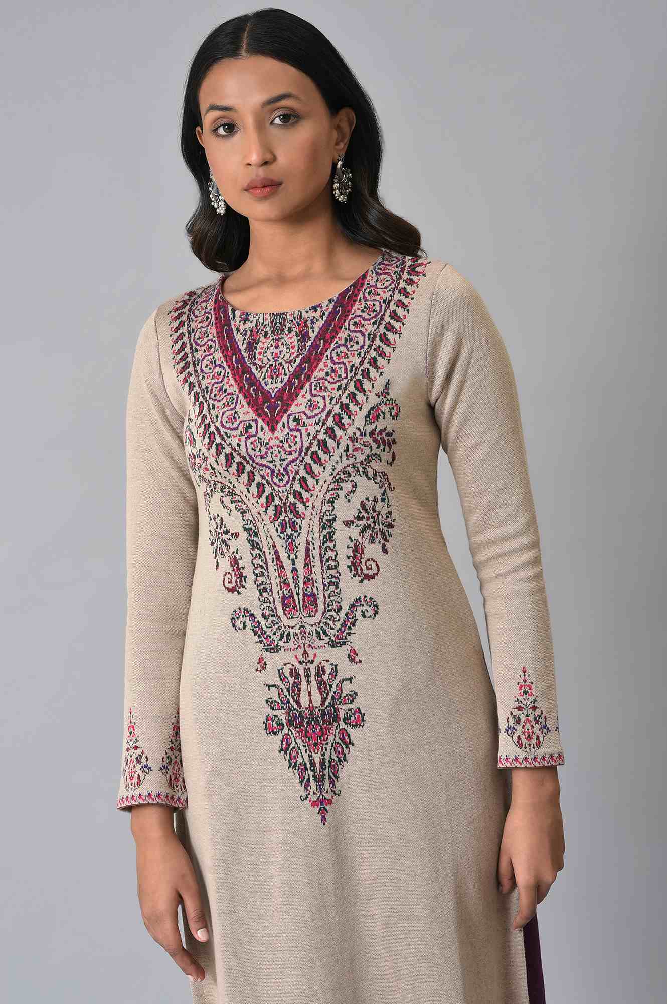 Ecru Placement Printed Jacquard Winter kurta