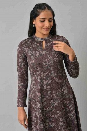 Dark Purple Flared Embellished Dress - wforwoman