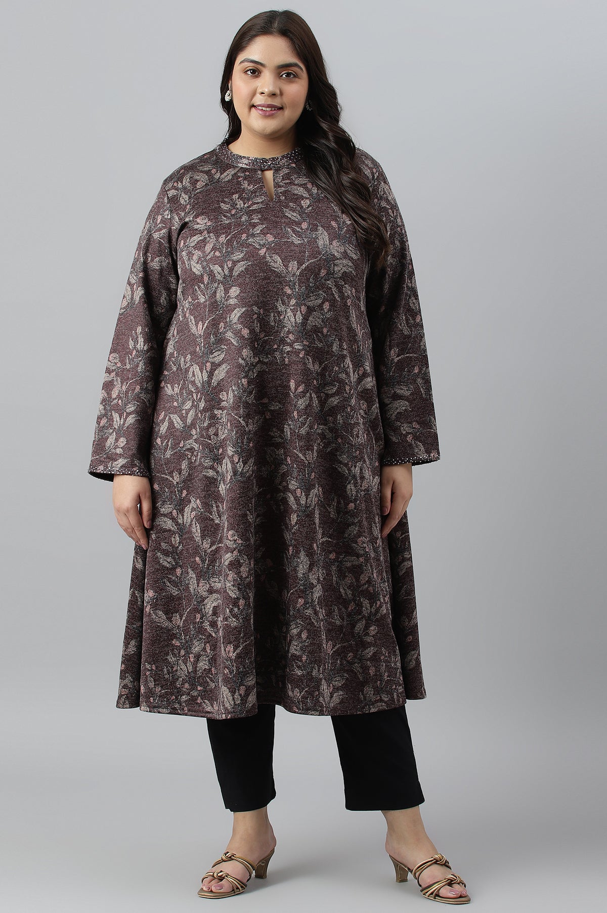 Plus Size Dark Purple Flared Embellished Winter kurta - XS