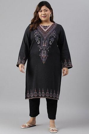 Plus Size Black Jacquard Winter kurta - XS