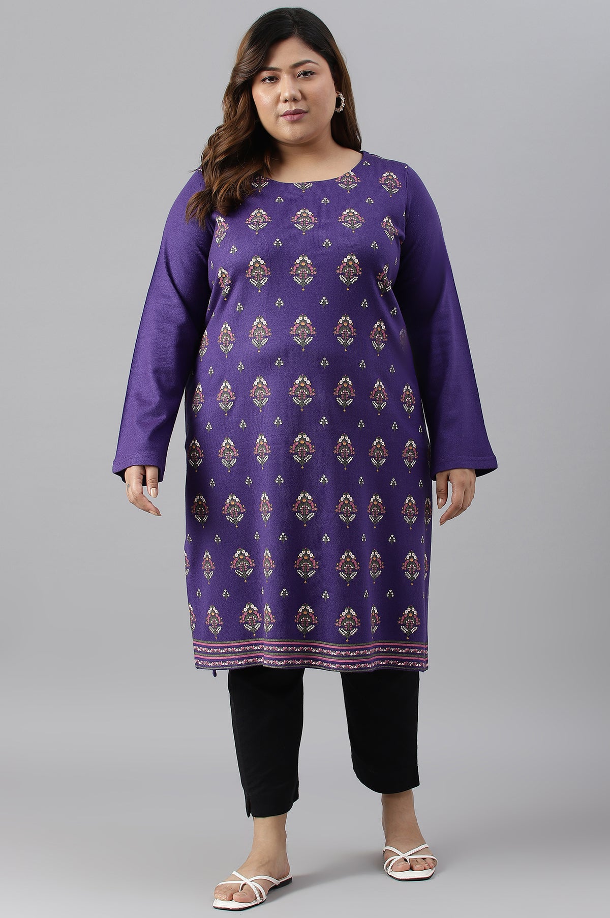 Plus Size Purple Floral Printed Knitted Winter kurta - XS