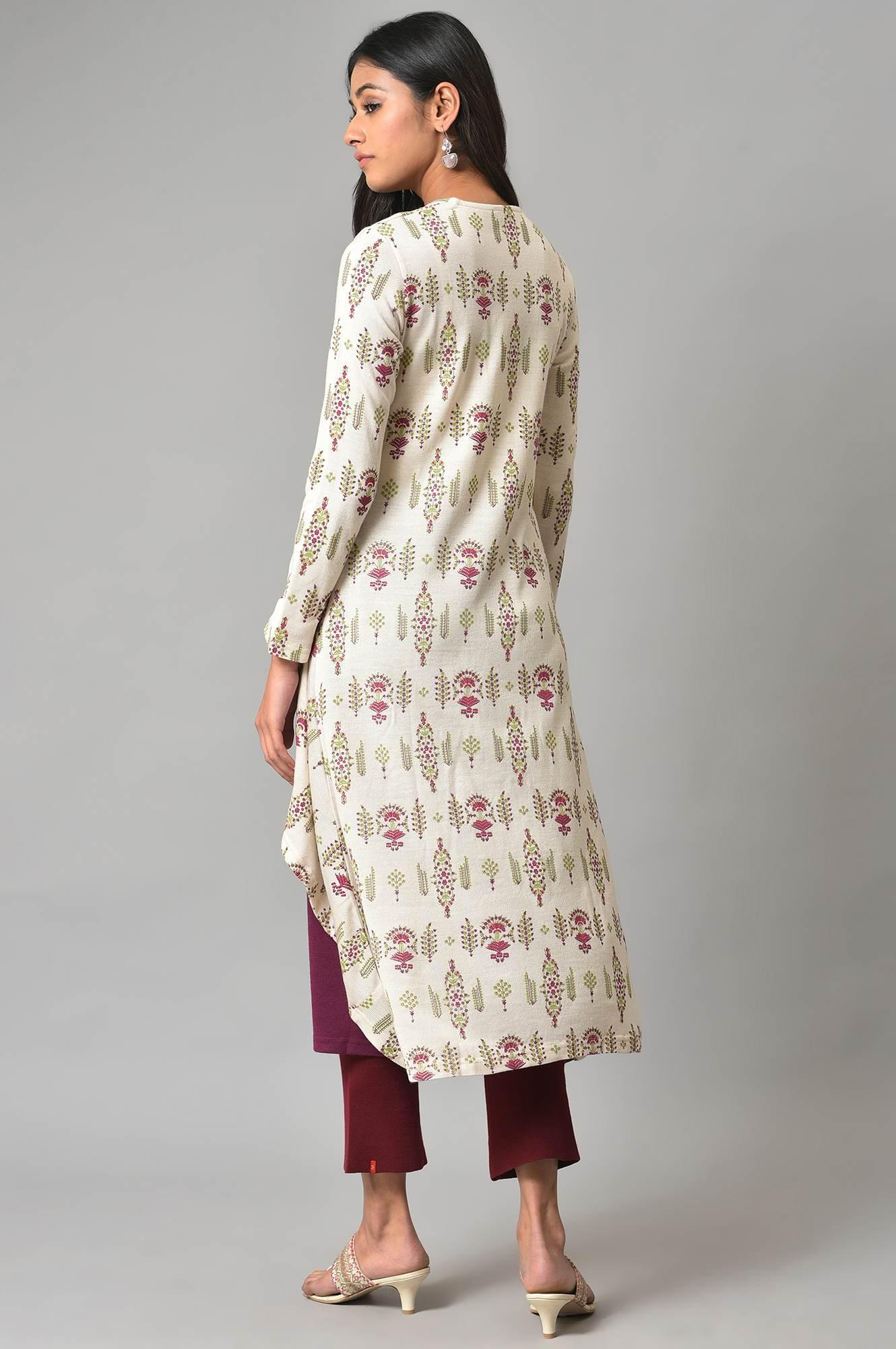 Ecru And Plum Mock Jacket Winter Dress - wforwoman