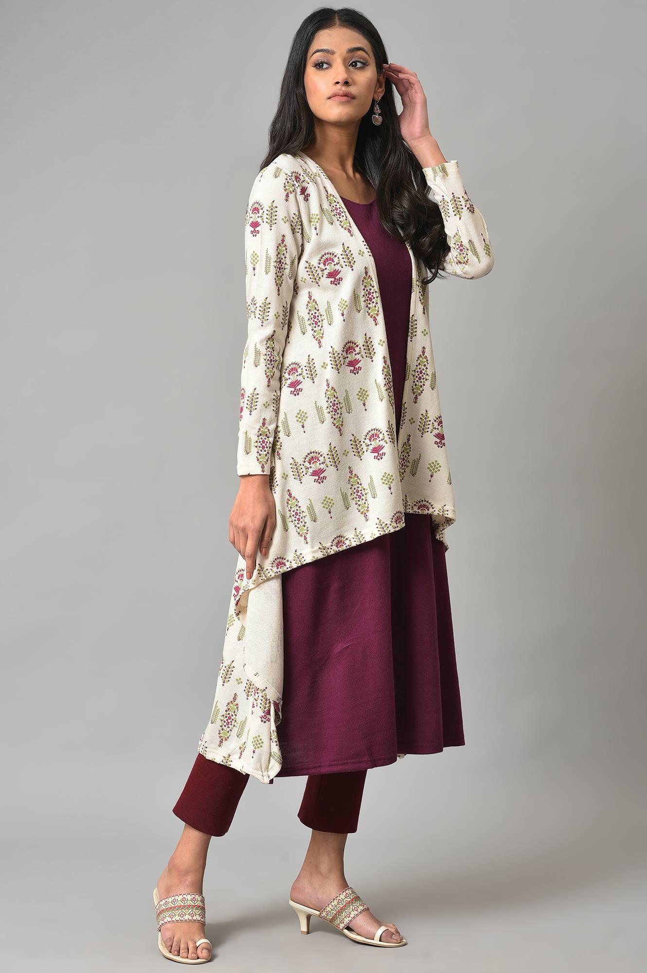 Ecru And Plum Mock Jacket Winter Dress - wforwoman