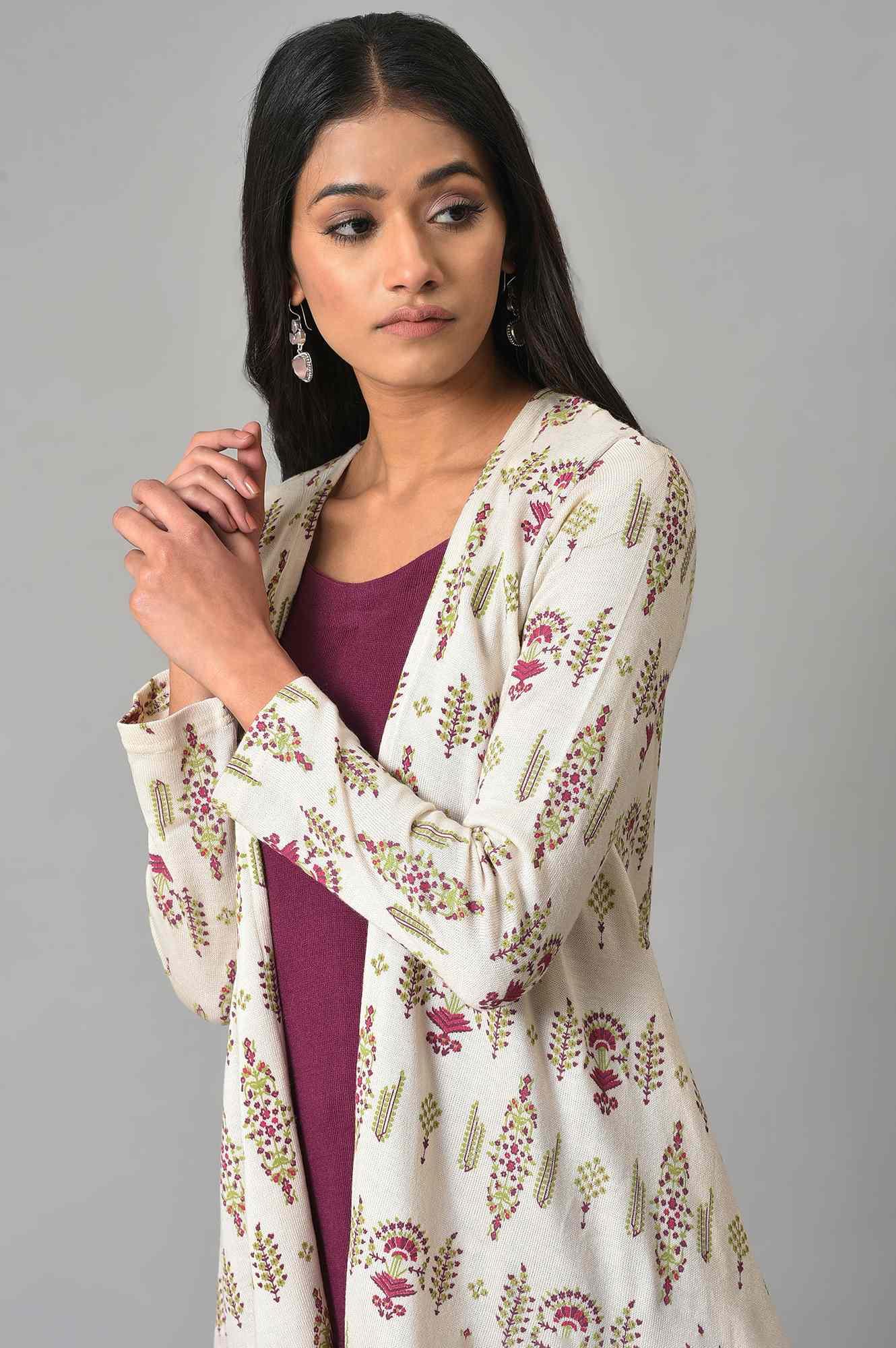 Buy Ecru And Plum Mock Jacket Winter Dress Online for Woman | WforWoman Buy Ecru And Plum Mock Jacket Winter Dress Online for Woman | WforWoman