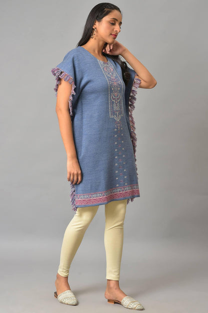 Blue Jacquard Short Winter Kaftan kurta - wforwoman