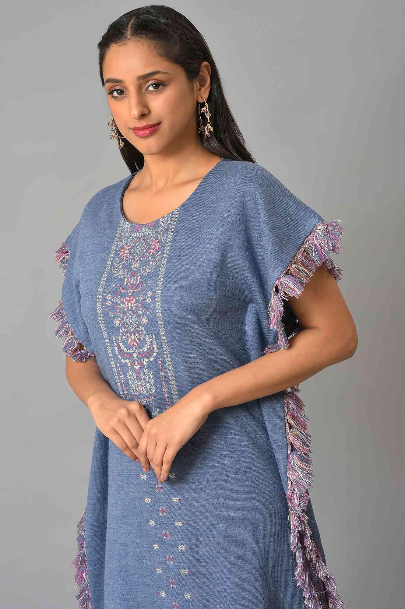 Blue Jacquard Short Winter Kaftan kurta - wforwoman
