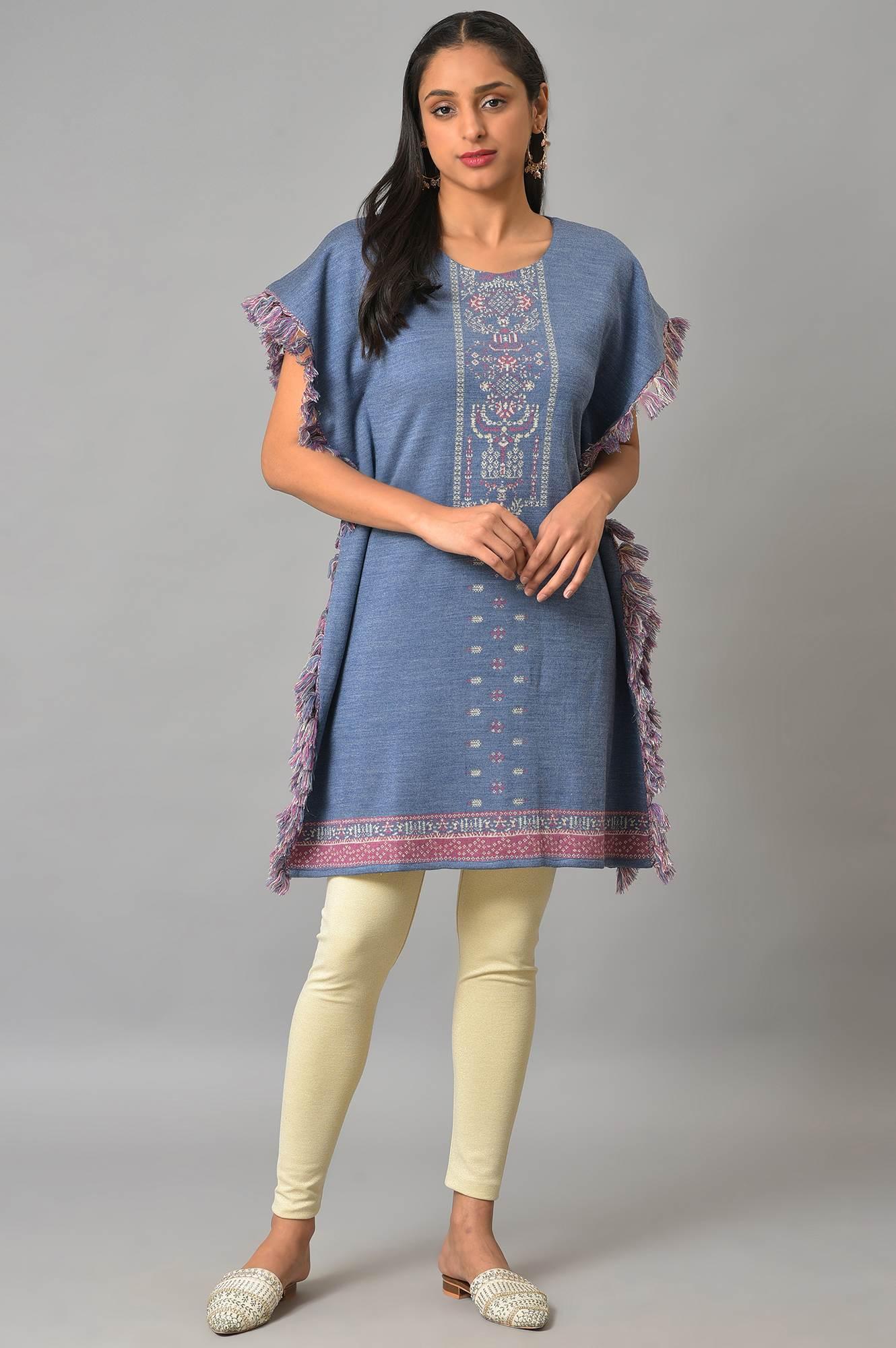 Blue Jacquard Short Winter Kaftan kurta - wforwoman