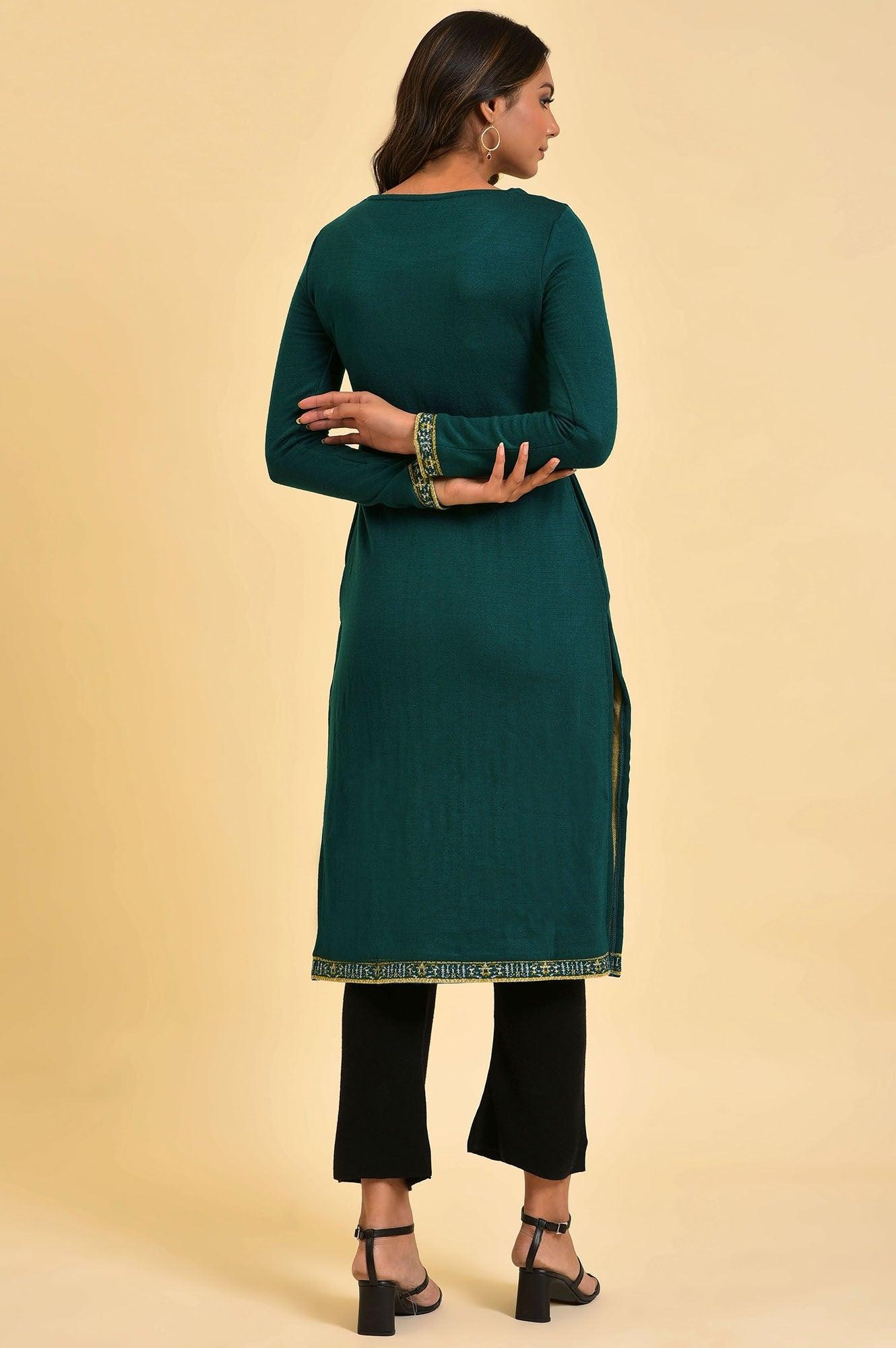 Green Straight Printed Winter kurta - wforwoman