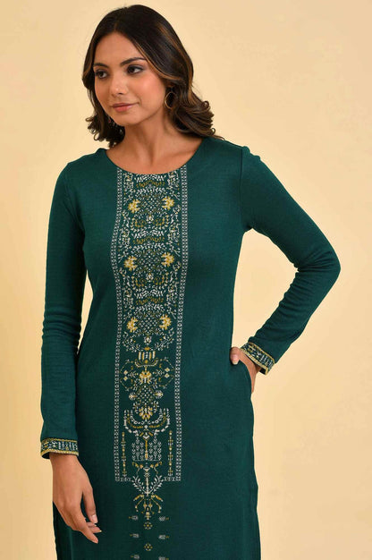 Green Straight Printed Winter kurta - wforwoman