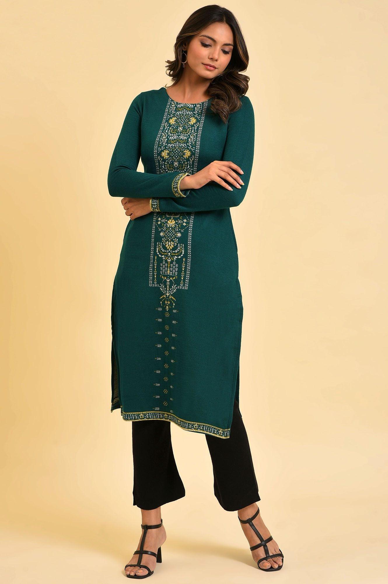Green Straight Printed Winter kurta - wforwoman