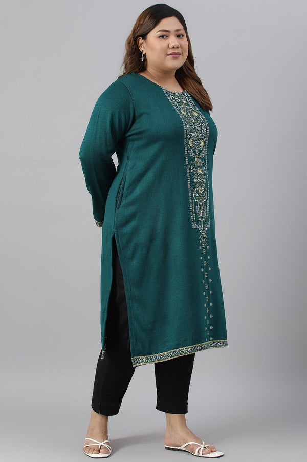 Green Straight Printed Plus Size Winter kurta