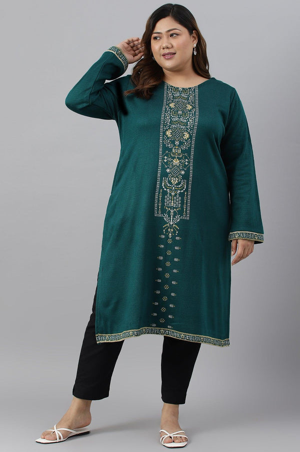 Green Straight Printed Plus Size Winter kurta