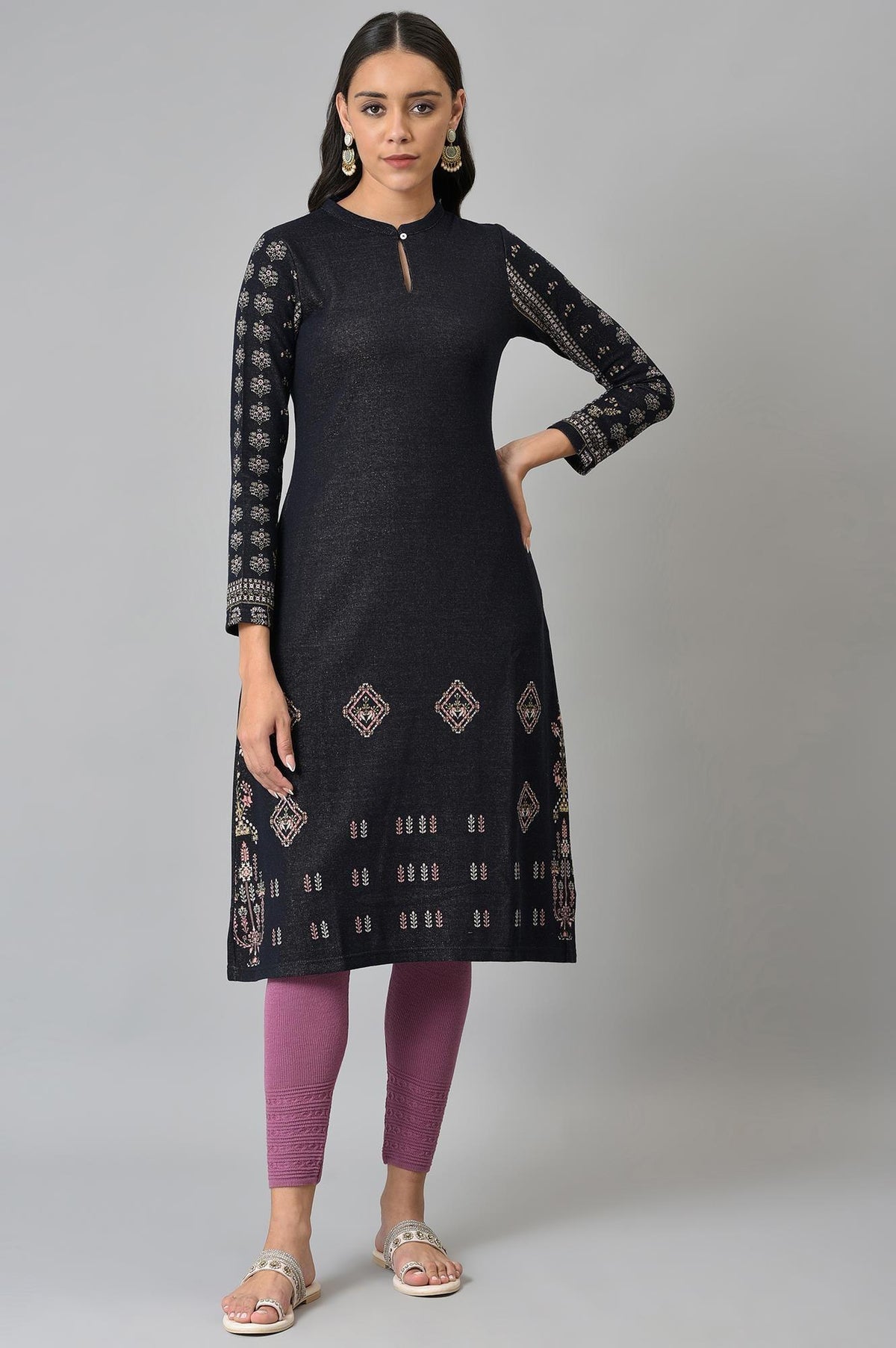 Blue A-Line Jacquard Winter kurta - XS