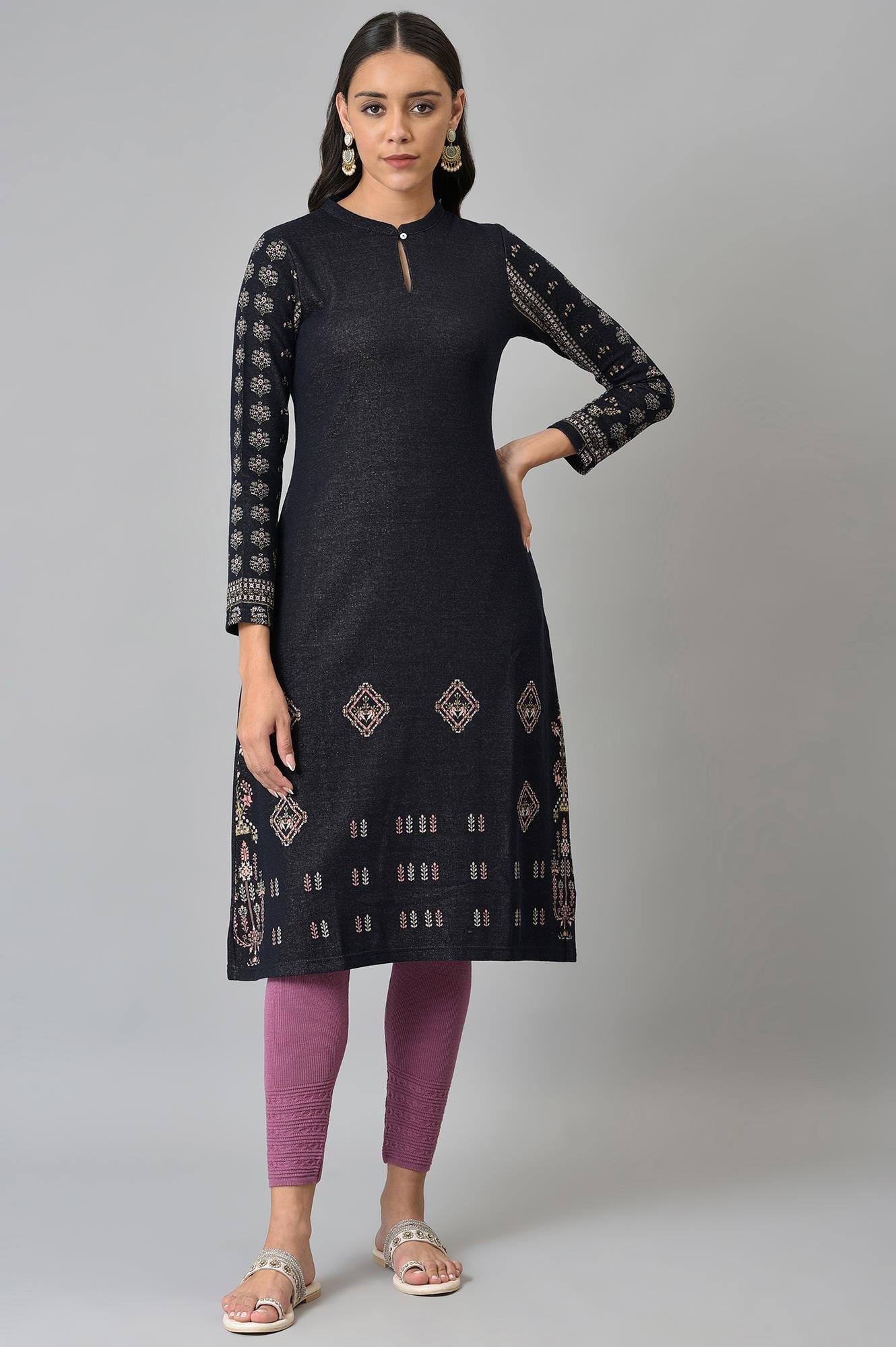 Blue A-Line Jacquard Winter kurta - wforwoman