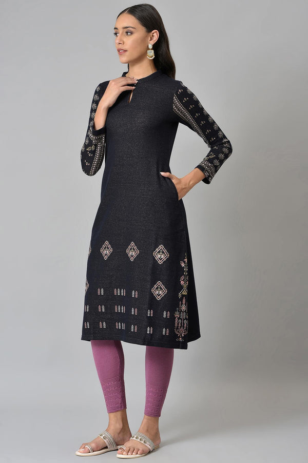 Blue A-Line Jacquard Winter kurta