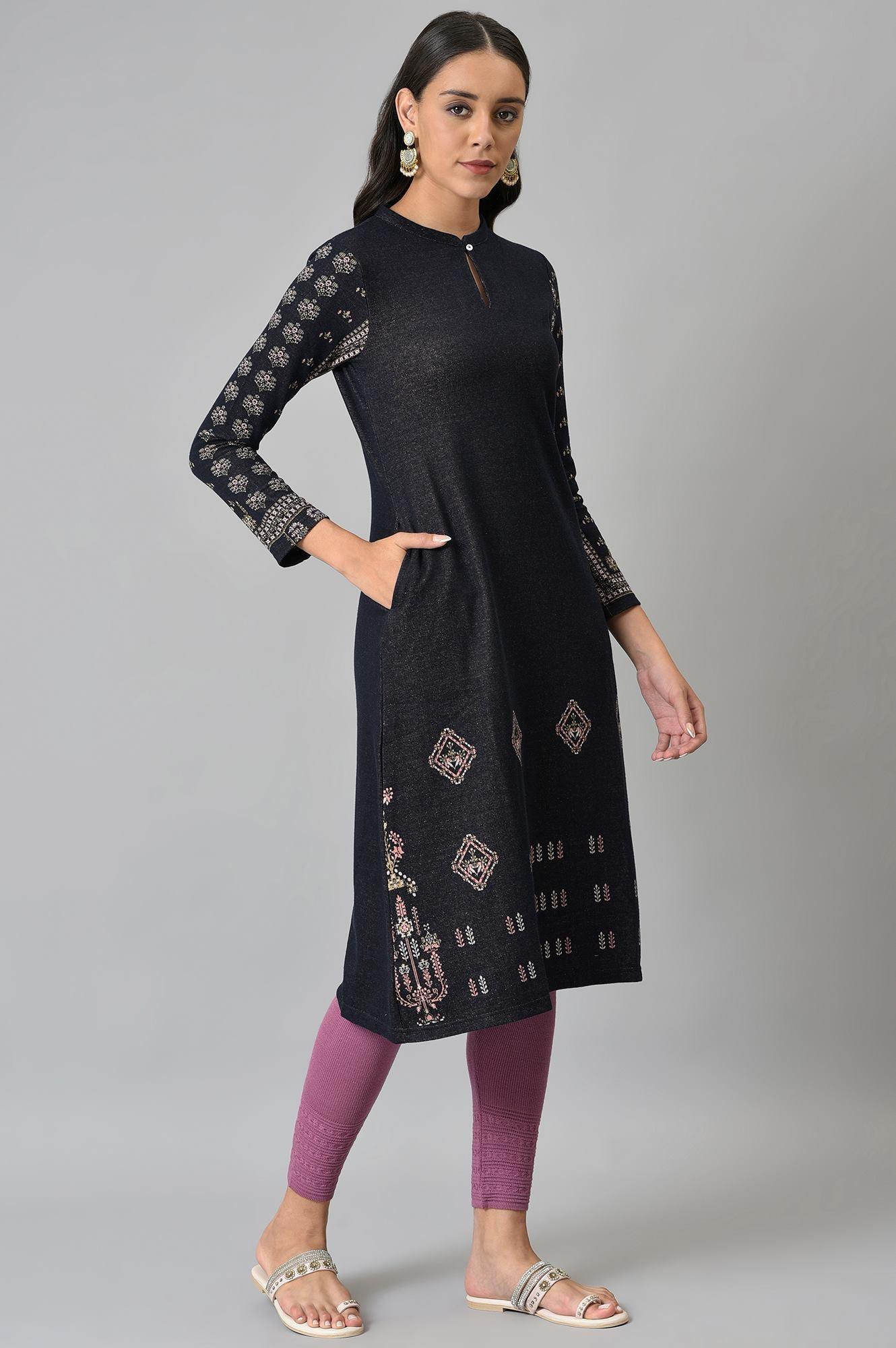 Blue A-Line Jacquard Winter kurta - wforwoman