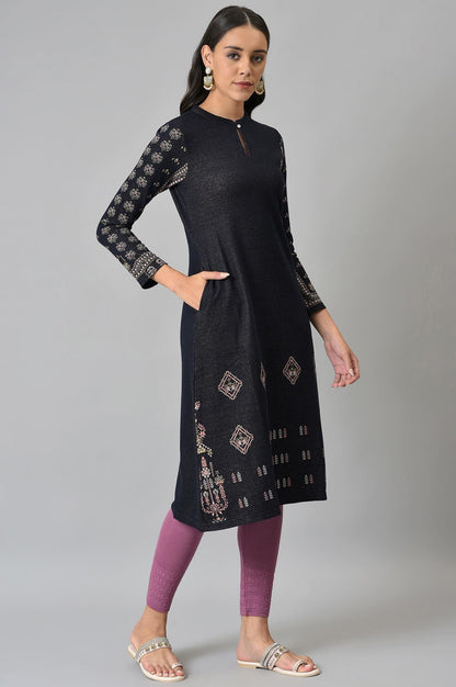 Blue A-Line Jacquard Winter kurta - wforwoman