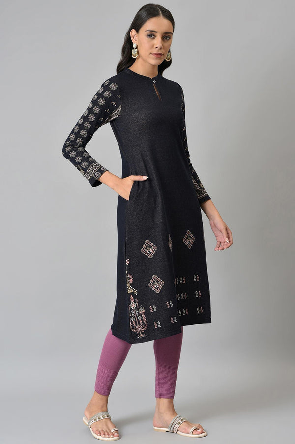 Blue A-Line Jacquard Winter kurta