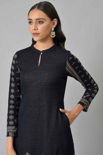Blue A-Line Jacquard Winter kurta - wforwoman