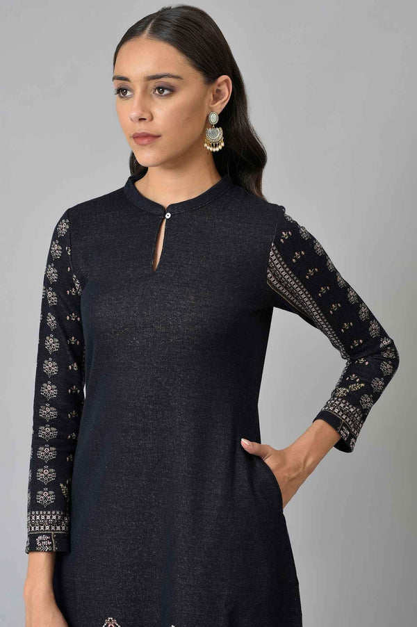 Blue A-Line Jacquard Winter kurta