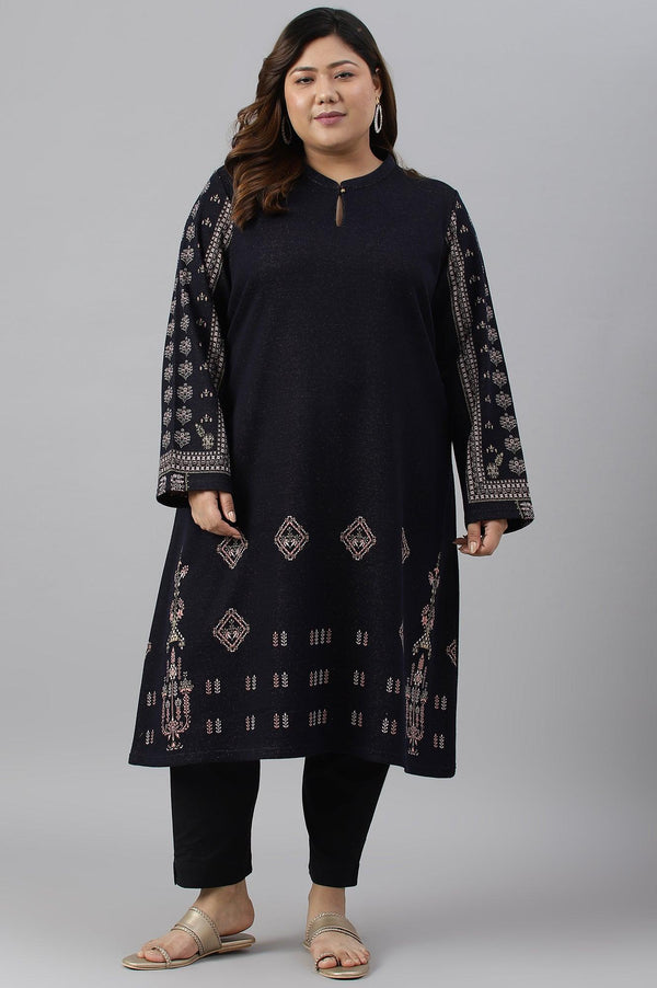 Blue A-Line Jacquard Plus Size Winter kurta