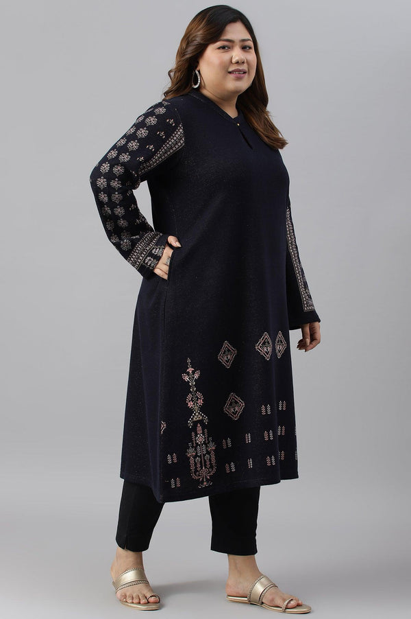Blue A-Line Jacquard Plus Size Winter kurta