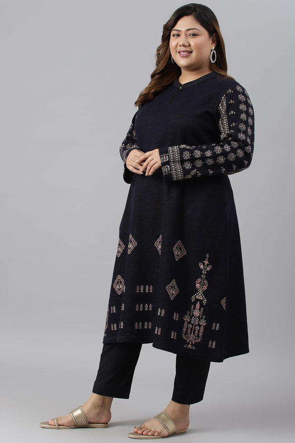 Blue A-Line Jacquard Plus Size Winter kurta