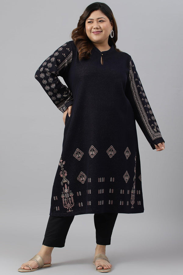 Blue A-Line Jacquard Plus Size Winter kurta