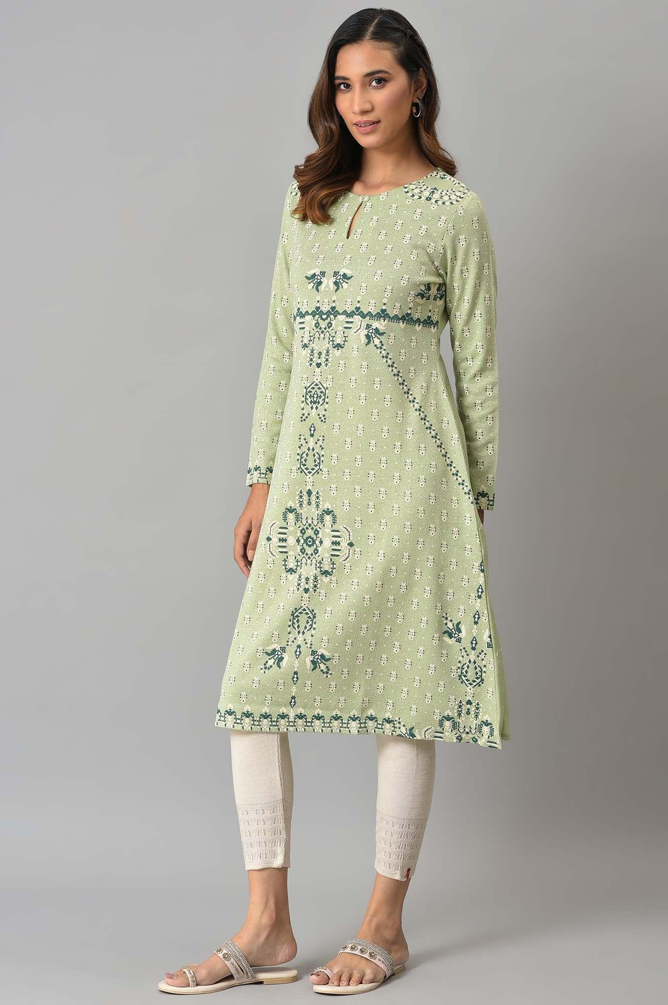 Light Green A-Line Floral Printed Winter kurta - wforwoman