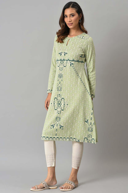 Light Green A-Line Floral Printed Winter kurta - wforwoman