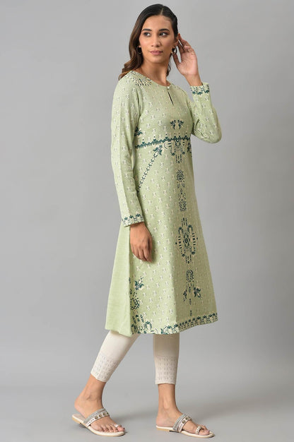 Light Green A-Line Floral Printed Winter kurta - wforwoman