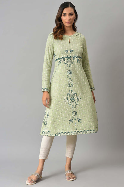 Light Green A-Line Floral Printed Winter kurta - wforwoman