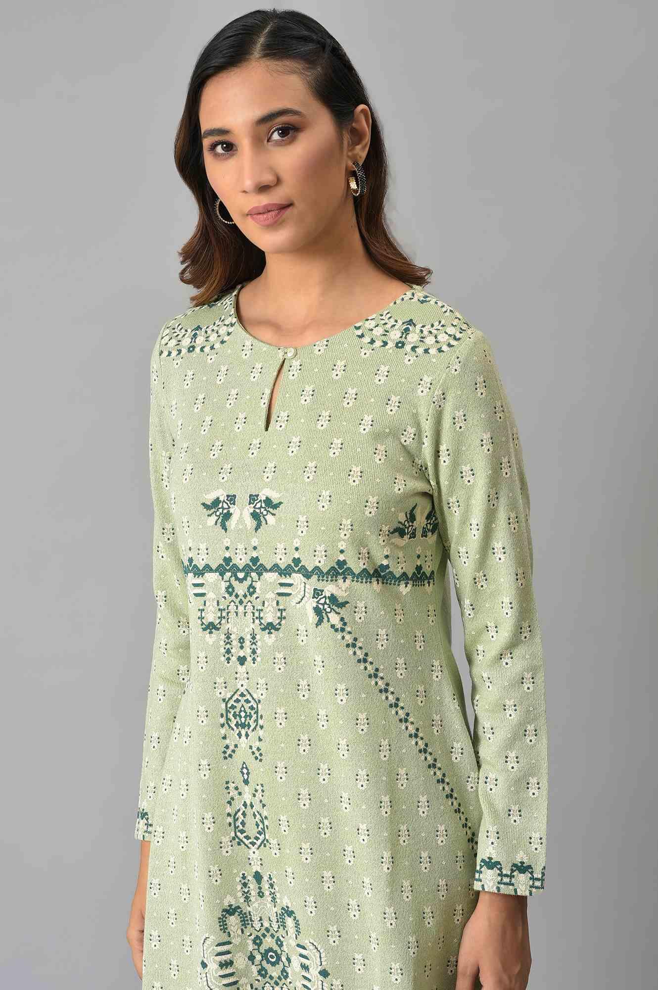 Light Green A-Line Floral Printed Winter kurta - wforwoman