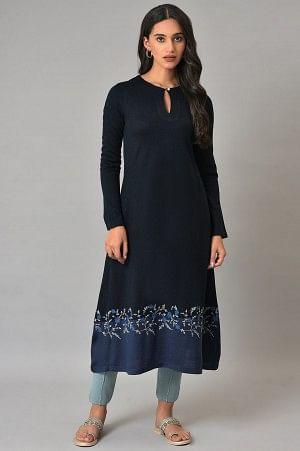 Dark Blue A-Line Colour Blocking Plus Size Winter kurta - XS