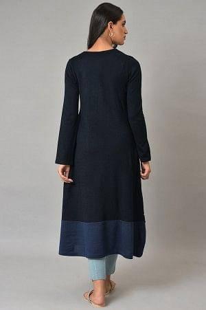 Dark Blue A-Line Colour Blocking Plus Size Winter kurta
