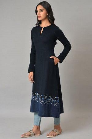 Dark Blue A-Line Colour Blocking Plus Size Winter kurta