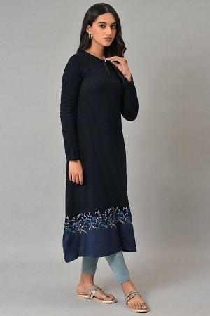 Dark Blue A-Line Colour Blocking Plus Size Winter kurta