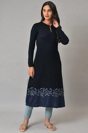 Dark Blue A-Line Colour Blocking Plus Size Winter kurta