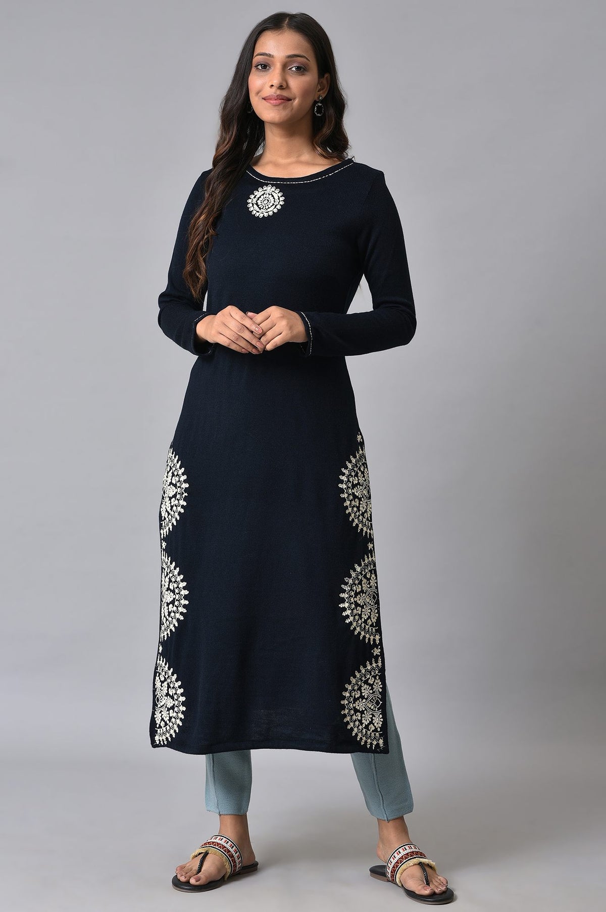 Dark Blue Embroidered Plus Size Winter kurta - XS