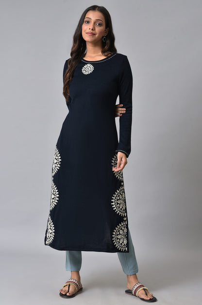 Dark Blue Embroidered Winter kurta